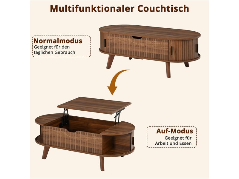  Table basse avec rangement grand rangement dissimulé forme ovale deux portes coulissantes aspect bois cannelé  - Conforama C