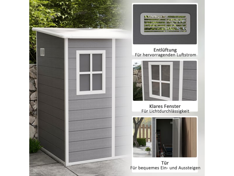  Abri de jardin - gris - plastique - 1,54 m³ - porte verrouillable - fenêtre intégrée - ventilation 122x149x192cm - Conforama E