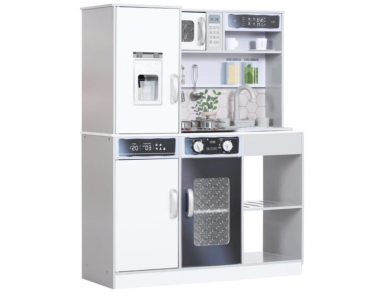  Ensemble de cuisine pour enfants avec set de vaisselle en acier inoxydable, cuisinière, évier avec circulation d'eau, effets de lumière et sons, blanc  - Conforama A