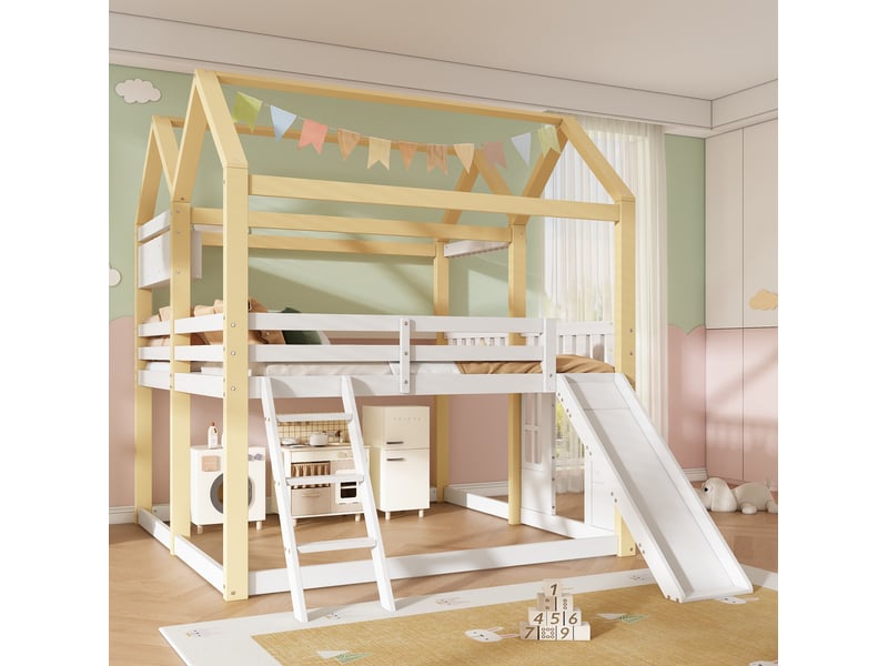 Lit mezzanine enfant tcqpz 90 x 200 cm avec toboggan et échelle réversibles blanc et naturel - Conforama E