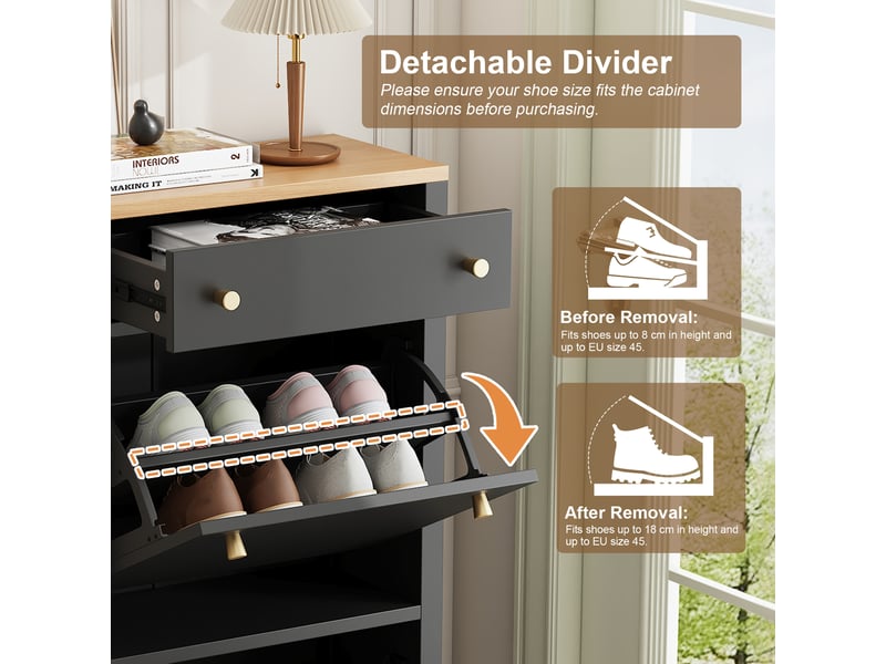  Petit meuble à chaussures 50x25x95 cm, design plat pour couloir étroit, 1 tiroir et 2 portes abattantes, capacité ajustable, idéal petits espaces, mdf noir  - Conforama E