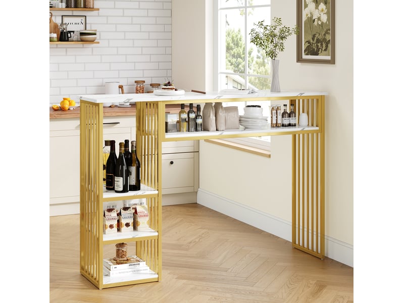 Table de salle à manger avec 3 étagères de rangement, finition marbre, en mdf et métal, blanc et doré, 140 × 40 × 105 cm - Conforama D