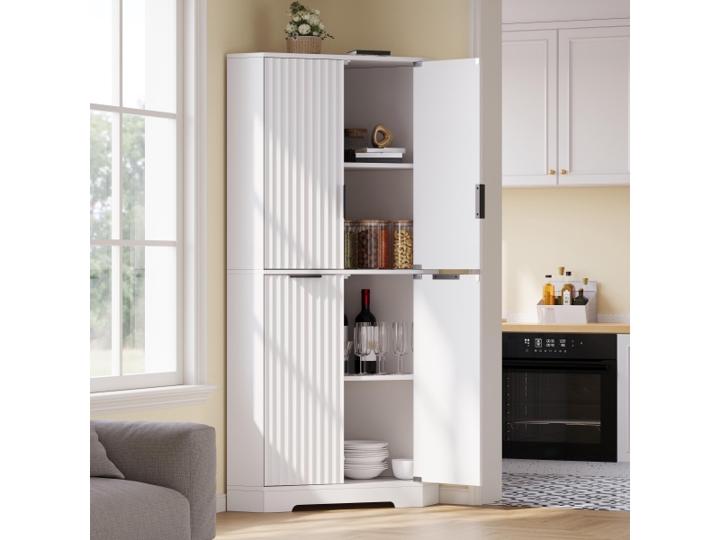  Buffet d'angle - 60x60x172cm - armoire colonne avec 4 portes cannelées ondulées, étagères réglables, anti-basculement - blanc  - Conforama D