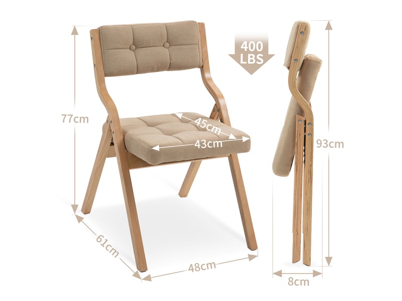  Chaise pliante 2 pièces 61x48x77 cm, dossier incliné 110° et assise surdimensionnée, coussin moelleux en velours, structure en bois, couleur kaki  - Conforama C