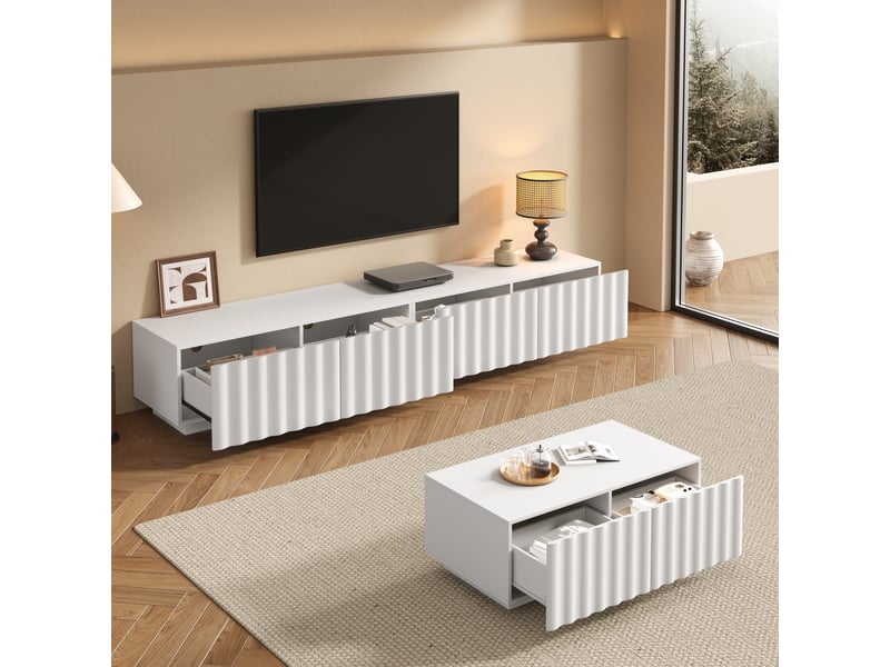  Ensemble salon avec meuble tv 200 x 40 x 35 cm et table basse 100 x 50 x 40 cm, façades effet vague, blanc BUYDEEMEUS - Conforama D