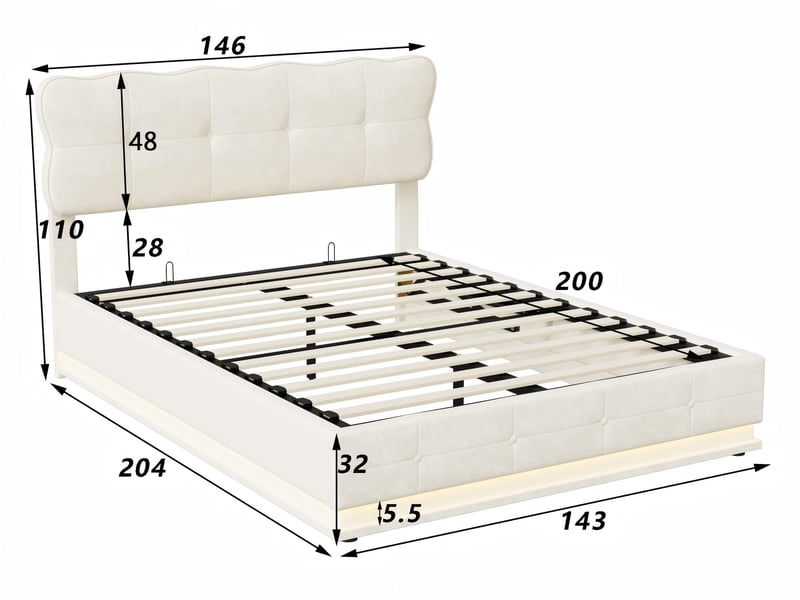  Lit coffre 160x200 cm - lit 2 places velours beige -avec led - sommier à lattes en bois  - Conforama C