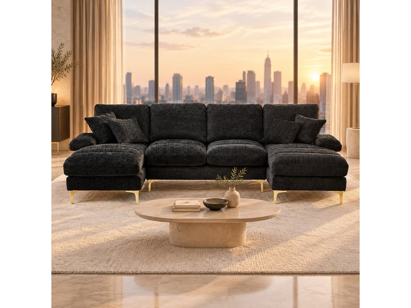  Canapé panoramique en u avec deux méridiennes et coussins, pieds métalliques dorés, chenille noir, 272 × 136 × 88 cm  - Conforama C