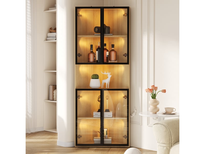  Vitrine en verre avec éclairage led, meuble vitrine aspect chêne 62x32x160cm, vitrine d'angle gain de place pour salon et bureau  - Conforama D