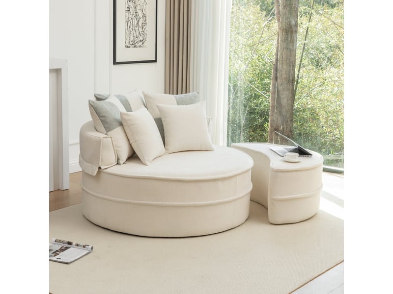  Fauteuil canapé rond chenille beige et vert pastel avec 5 coussins  - Conforama C