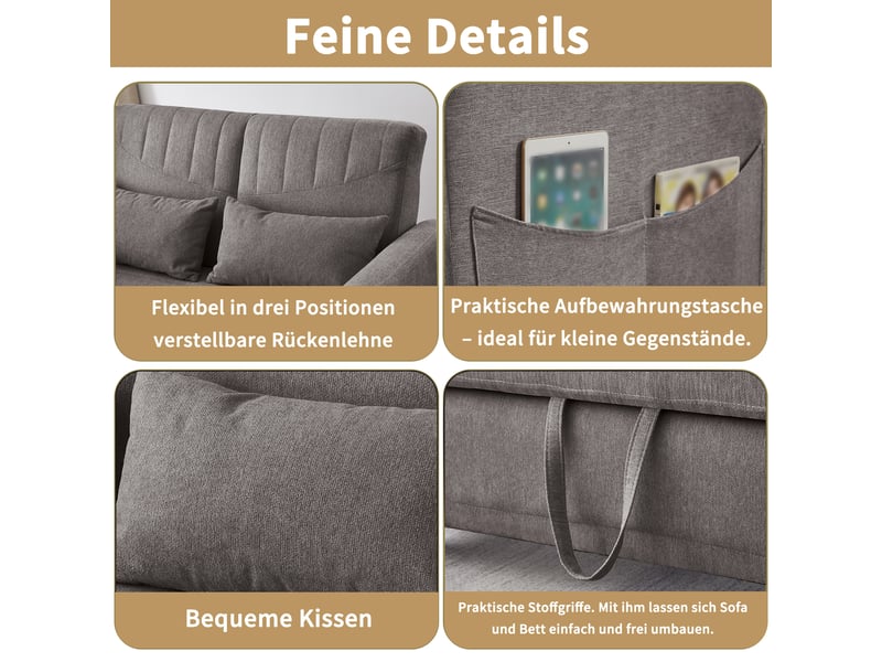  Canapé convertible 2 places gris en tissu coton lin, dossier réglable 3 positions, avec 2 coussins, adapté pour salon et petit espace.  - Conforama E