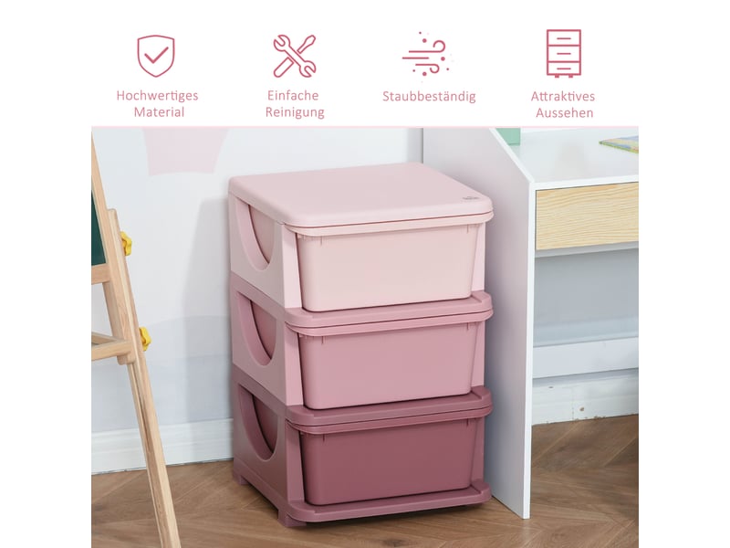  Boîtes de rangement pour enfants, 3 tiroirs, bords arrondis, motif en relief, 37 x 37 x 56,5 cm, rose  - Conforama E