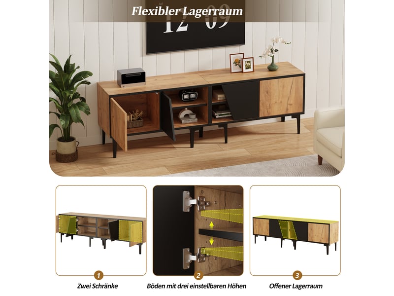  Meuble tv avec 4 portes, 4 compartiments et 7 pieds pour salon en panneaux de particules 160×36,5×45 cm naturel  - Conforama E