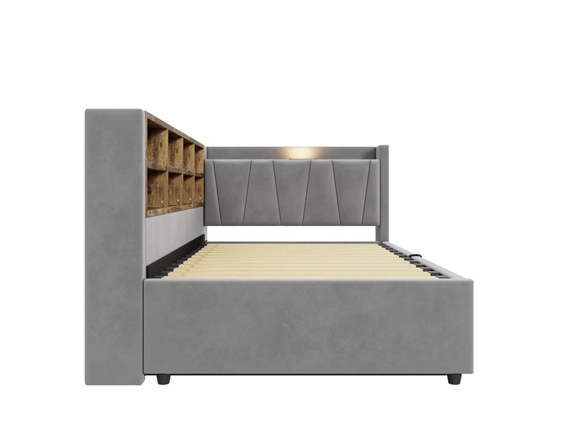  Lit banquette 1 place 200×90 cm en velours avec coffre hydraulique, usb, éclairage et rangements, matelas non précisé  - Conforama E