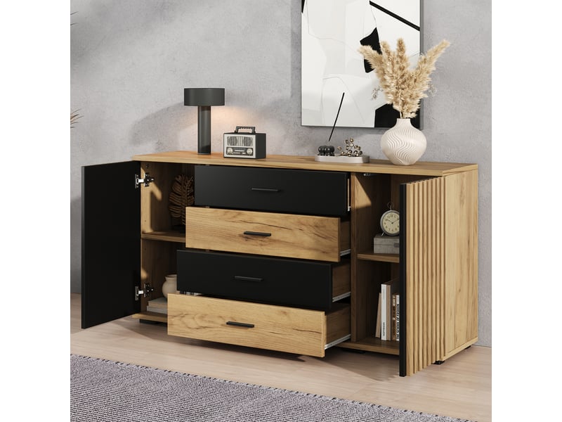 Buffet bas 140x35x70 cm noir avec 4 tiroirs, 2 portes, étagères réglables Fay Lum - Conforama B