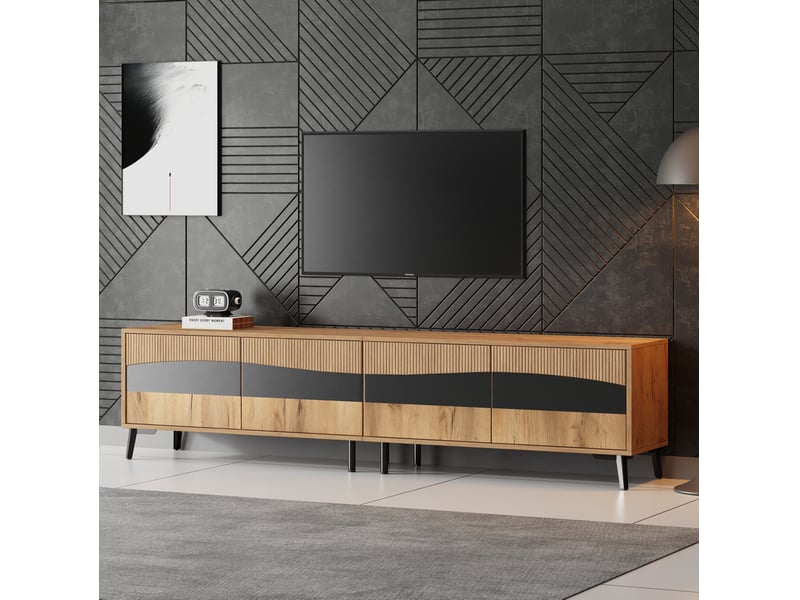  Meuble tv bas tcqpz 180 x 40 x 50 cm 4 portes panneaux de particules coloris naturel et noir compatible 75 pouces  - Conforama E