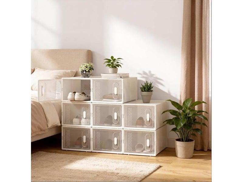  Lot de 8 boîtes à chaussures empilables en plastique transparent et blanc  - Conforama D