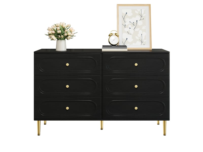  Commode 120x40x75 cm, 6 tiroirs avec façades ovales, buffet avec pieds en métal,en mdf, noir, armoire de rangement  - Conforama A