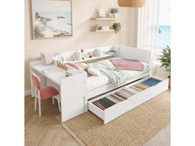  Lit bas simple 90x200 cm en bois avec bureau, 2 tiroirs et 3 étagères, barrières latérales, sans matelas, blanc  - Conforama C
