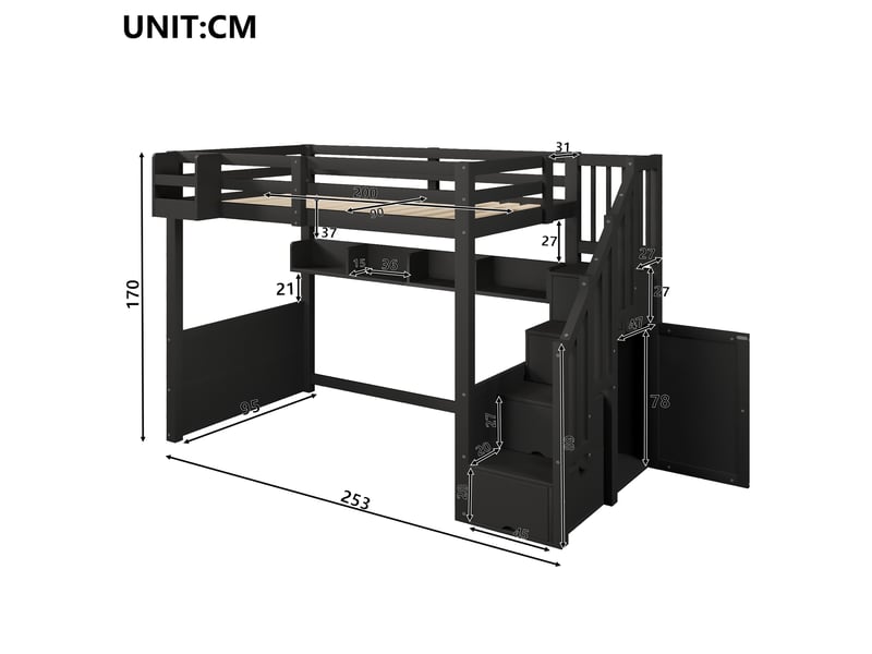  Lit mezzanine 90x200 cm – avec escalier rangement led et 4 compartiments – pin massif et mdf – noir CozyNest - Conforama C