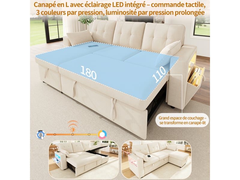  Canapé d'angle convertible 3 places en tissu chenille beige, méridienne réversible, rangement, usbtype-c, led  - Conforama D