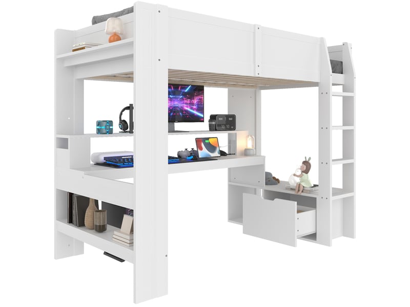  Lit mezzanine enfant 90 x 200 cm avec bureau, tiroir et étagères, led 16 couleurs, pin massif et mdf, blanc  - Conforama A