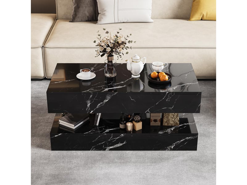  Table basse, 100x50x45 cm, table de salon avec éclairage led intelligent, plateau effet marbre résistant avec 4 zones de rangement et tiroirs, noir  - Conforama C