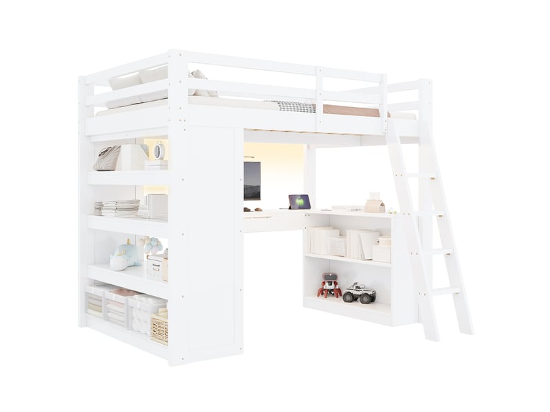 Lit mezzanine 140x200 cm avec bureau intégré, tiroir, étagères de rangement, éclairage led et port usb, espace de travail - blanc - Conforama A