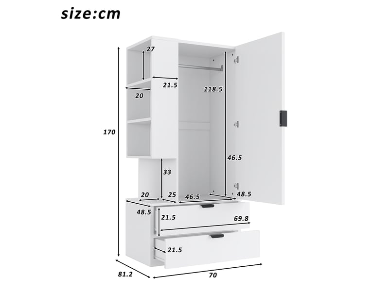  Armoire-penderie 70x50x170cm avec 2 grands tiroirs, étagères multiniveaux et espace de suspension, meuble de rangement multifonction, blanc evarich - Conforama C