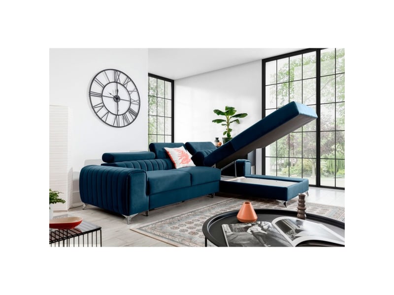  Canapé d'angle droit bleu foncé convertible 3 places jayson avec rangement intégré  - Conforama B