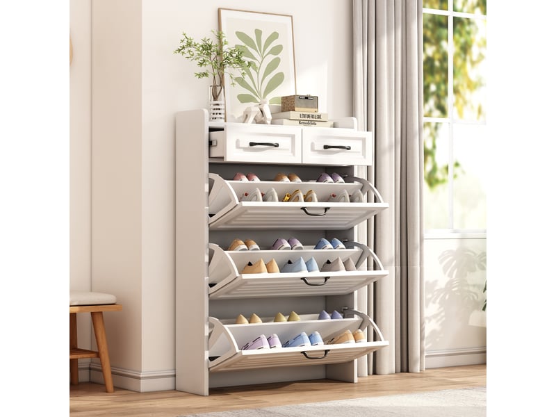 Meuble à chaussures 80x23,5x131 cm en panneaux de particules avec 3 abattants et 2 tiroirs blanc chicfurn  - Conforama B