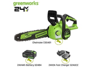 Tronçonneuse compacte sans fil greenworks – 24 v, 30 cm (12 pouces) pour l'élagage des branches compatible avec plus de 12 outils