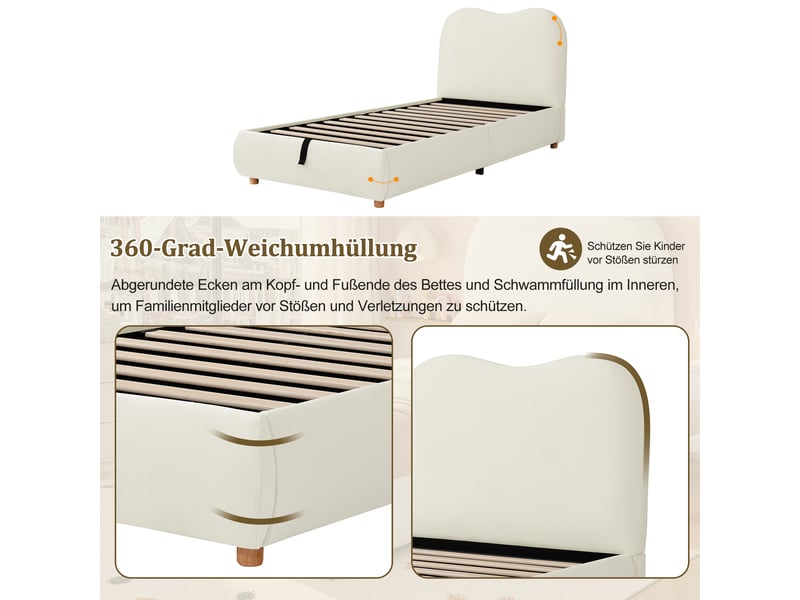  Lit coffre enfant 90×200 cm avec sommier relevable, tête de lit en velours beige sans matelas  - Conforama C