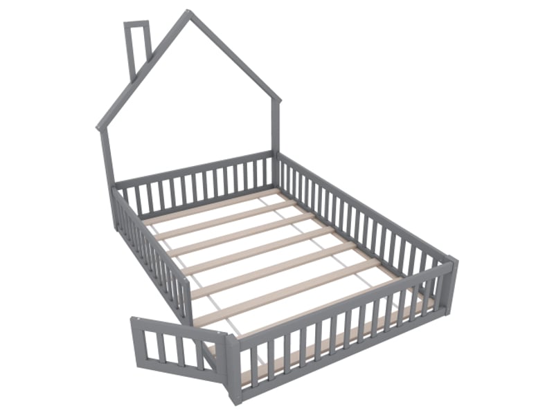  Lit cabane 140x200 cm, lit double en forme de cheminée avec sommier à lattes, en pin et mdf, gris, sans matelas  - Conforama E