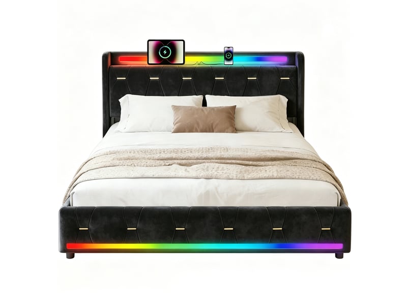  Lit 160x200 cm noir avec rangement, led, 4 tiroirs,ports usb+type-c sans matelas EBD855Q-BK - Conforama A