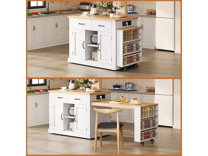 Îlot de cuisine mobile avec table à manger extensible, prises intégrées, 7 roulettes, 132-235x60x93 cm - Conforama C
