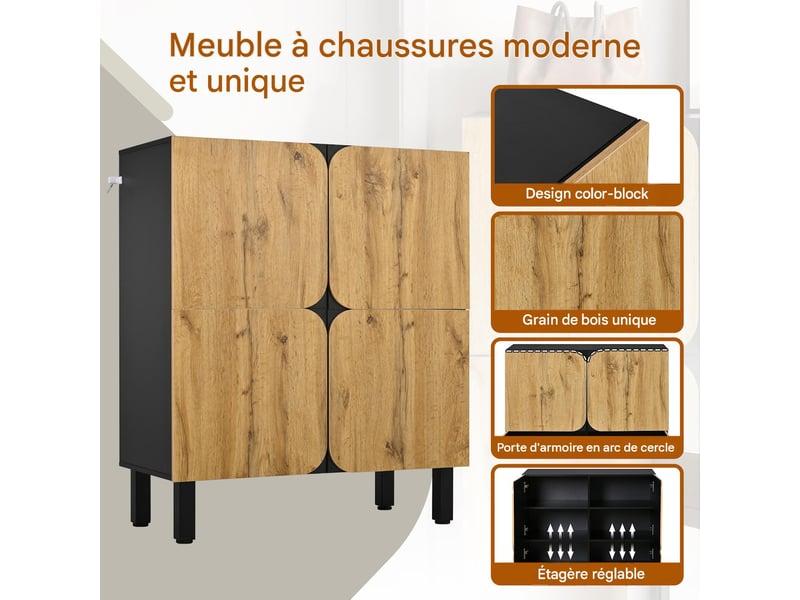  Meuble à chaussures 4 portes en mdf et métal noir et naturel 80x38,5x95 cm - pangivo  - Conforama E