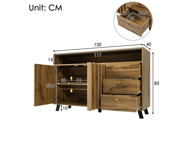  Commode à 3 tiroirs et 2 portes, 120 x 40 x 85 cm, portes à lattes et niche ouverte, effet chêne foncé  - Conforama C