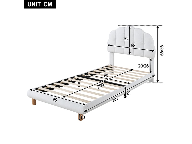  Lit enfant 90 × 200 cm 1 place avec tête de lit rembourrée réglable, sans matelas, en bouclette, blanc  - Conforama D