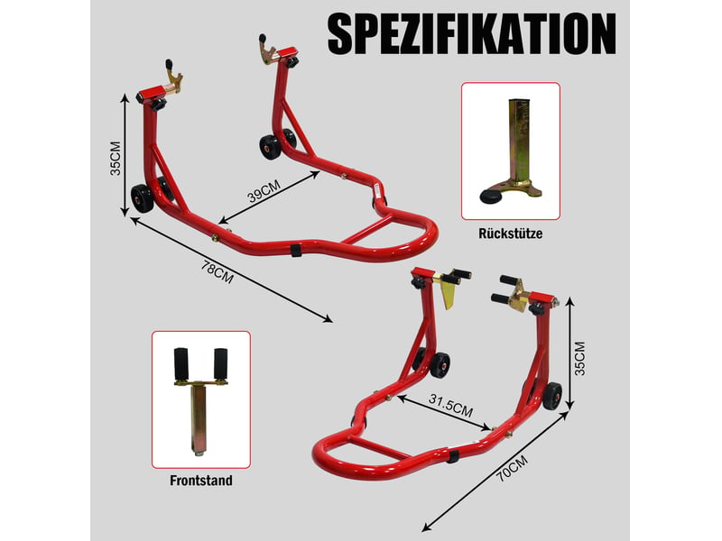  Kit de béquilles avant et arrière pour moto, acier rouge, réglable 16,5 à 35 cm, capacité 200 kg  - Conforama C