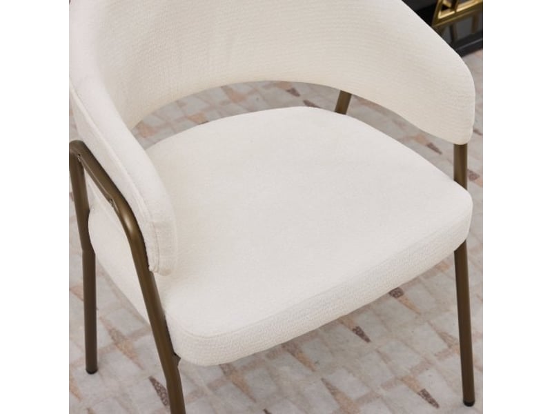  Chaises de salle à manger en chenille avec accoudoirs, rembourrées, pieds métal bronze antique – beige, vendu à l’unité  - Conforama E