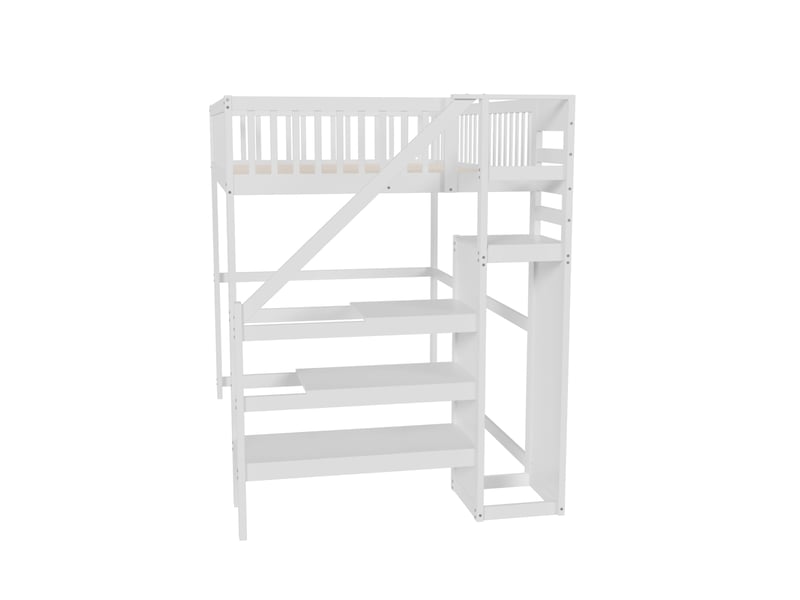 Lit mezzanine 140x200 avec escalier et armoire intégrée, lit enfant blanc en bois massif, gain de place pour chambre. - Conforama E