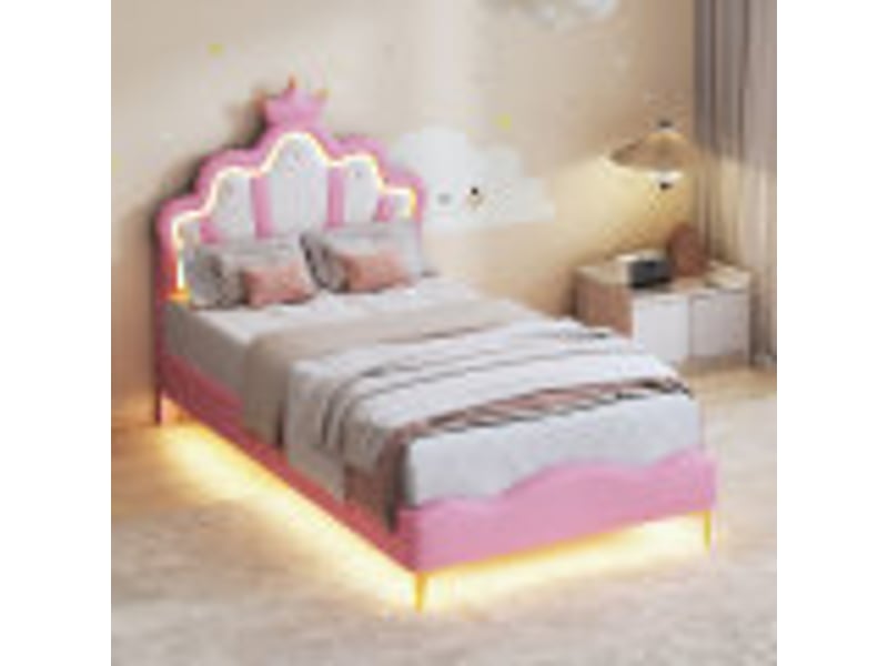  Lit enfant 90x200cm avec led, lit simple avec tête de lit en couronne forme des nuages réglable, cadre de lit pour fille et ado, pu, rose, sans matelas  - Conforama D