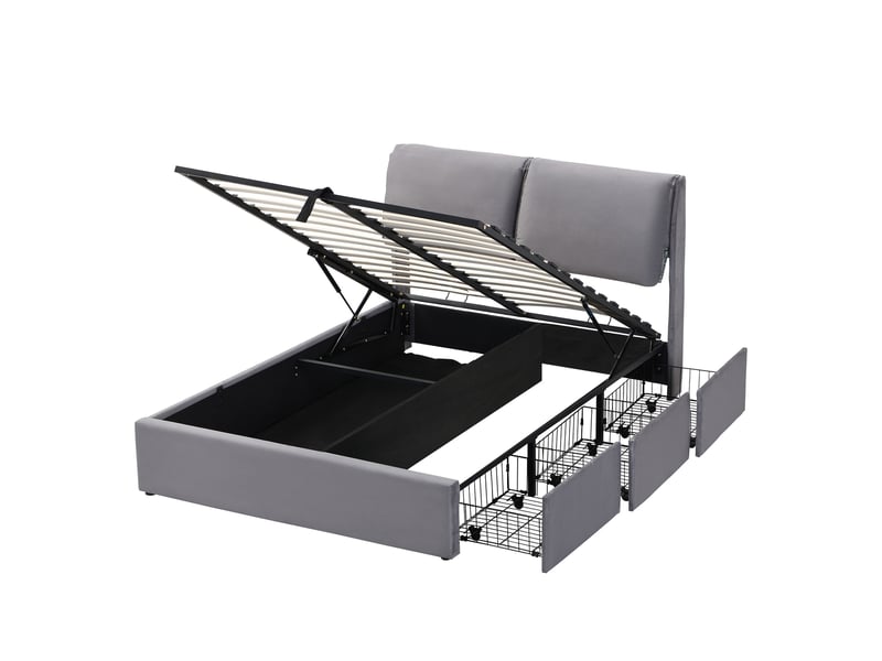  Lit coffre hydraulique 140 x 200 cm, lit double avec tête de lit rembourré et 3 tiroirs, velours gris  - Conforama A