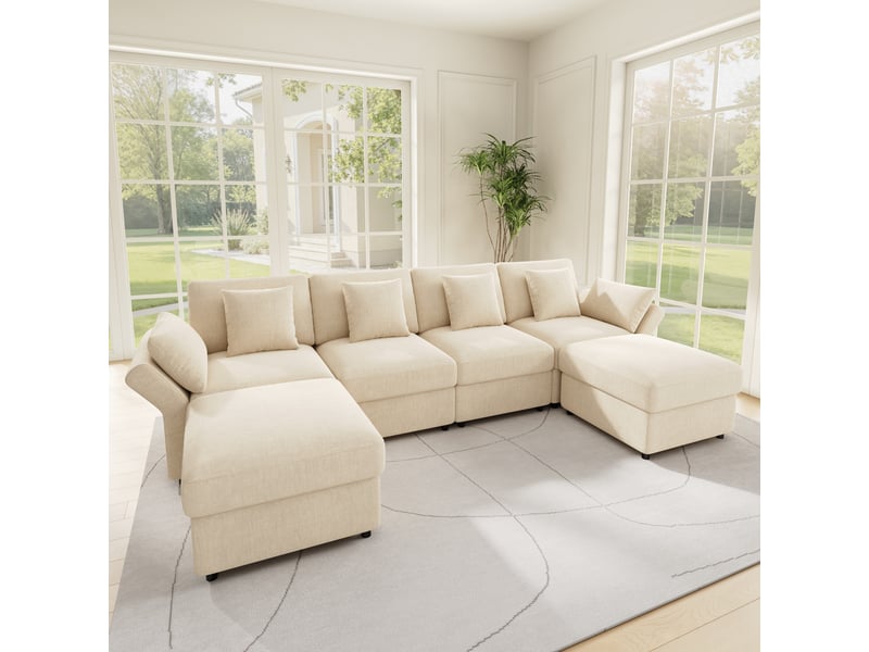  Canapé d'angle modulable ul 4-6 places 284x156,5x86 cm, style nuage, 2 poufs, accoudoirs réglables, 6 coussins, chenille beige  - Conforama B