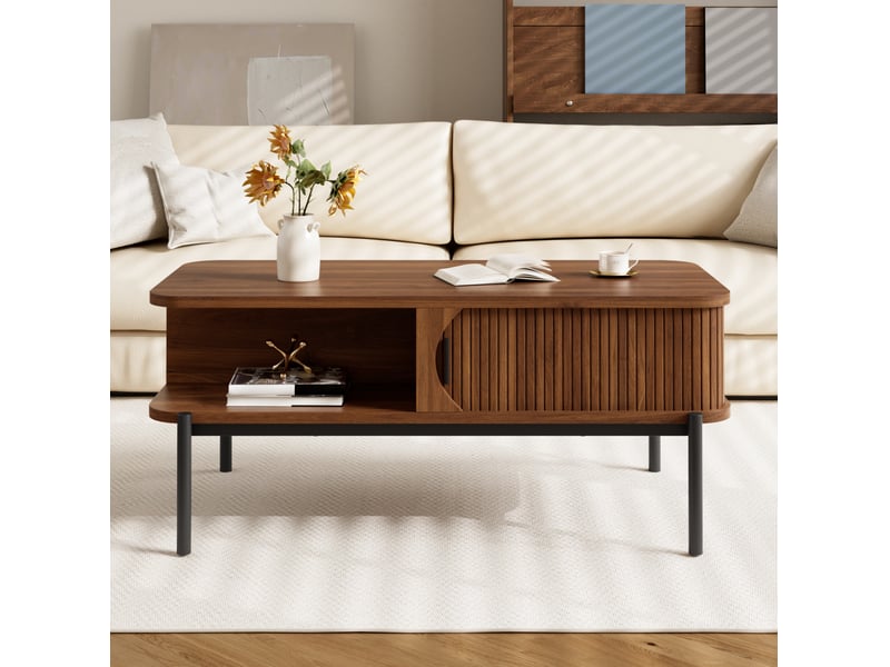  Table basse avec 2 portes coulissantes et 2 niches, coins arrondis, pour salon, en mdf noyer, 100 × 45 × 43 cm  - Conforama C