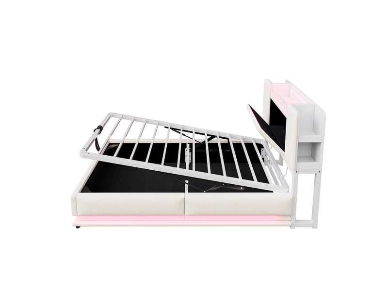 Lit enfant connecté velours beige 90x200 cm avec led, usb et rangement hydraulique - Conforama E