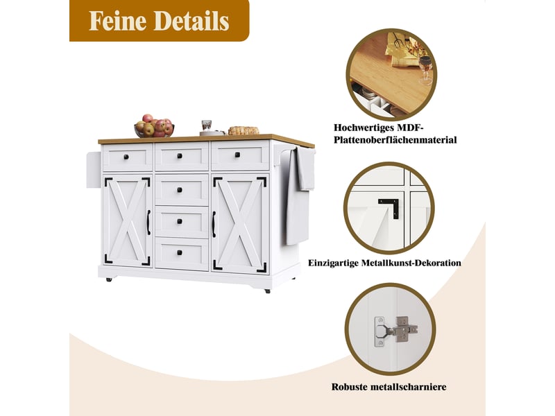  Îlot de cuisine mobile blanc, plateau rabattable, aspect bois, gain de place  - Conforama D