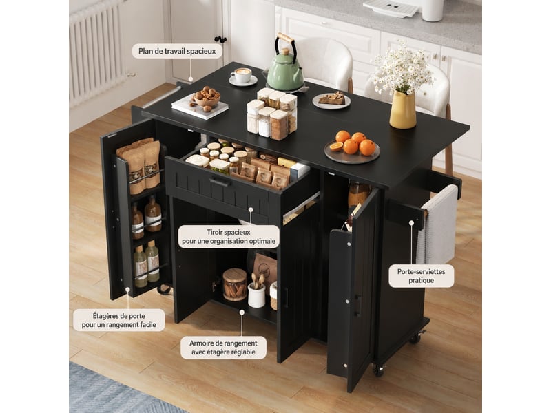 Îlot de cuisine à roulettes, plan de travail rabattable 120 x 45-70 x 95 cm, 4 portes, noir - Conforama C