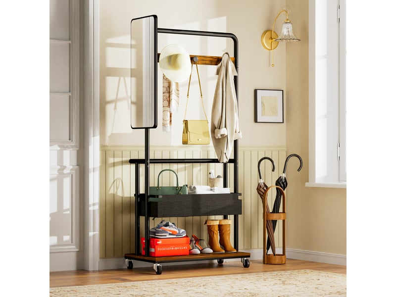 Porte-manteau en métal robuste avec roulettes, design 3 en 1 avec panier et miroir, porte-manteau suspendu, porte-manteau mobile avec roulettes, OZ-SHF162RB - Conforama B