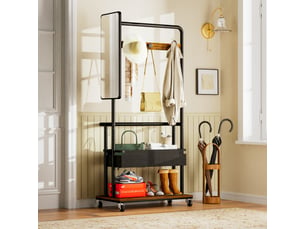Porte-manteau en métal robuste avec roulettes, design 3 en 1 avec panier et miroir, porte-manteau suspendu, porte-manteau mobile avec roulettes,
